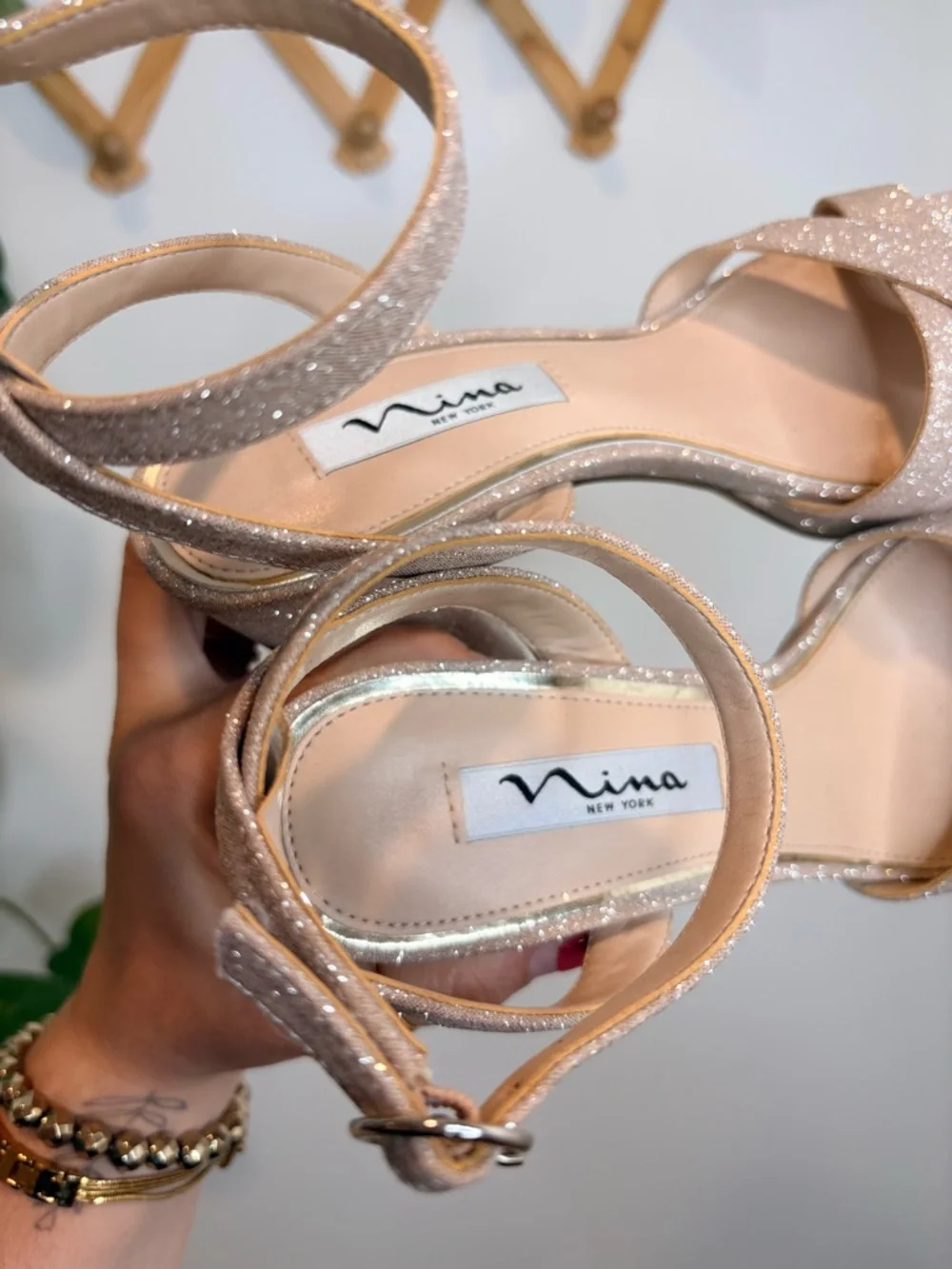 NINA Shelia Nude Glitter Net Block-Heel Platform Sandals With Ankle Strap